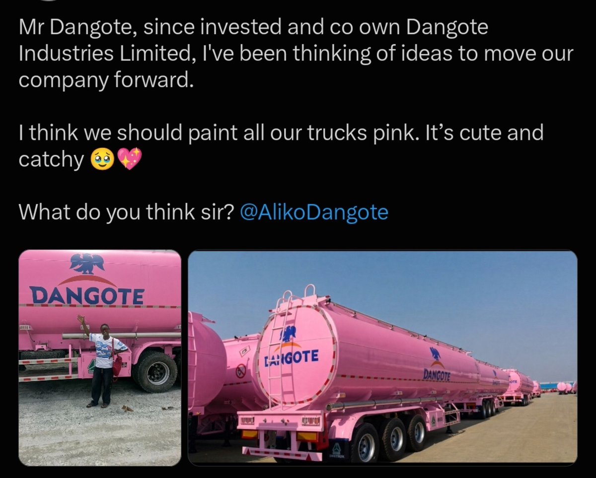 Gbeboskina's tweet photo. She has a colourful idea for Dangote Industries: pink trucks everywhere! 😂🥹💖 After all, her ₦5,000 investment deserves to be heard.

... Dangote 2baba NSCDC ... https://t.co/IN81AAfCTj