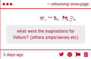 ethersgaze's tweet photo. #VellumSMP the server is not directly inspired by any other series, but more so our director's previous smp idea that they had to scrap in the past! although the cinematography will be inspired by white pine and abyss smp! this was @swieo_'s answer and i'm sure that the oethers https://t.co/X5f5sZJPHZ