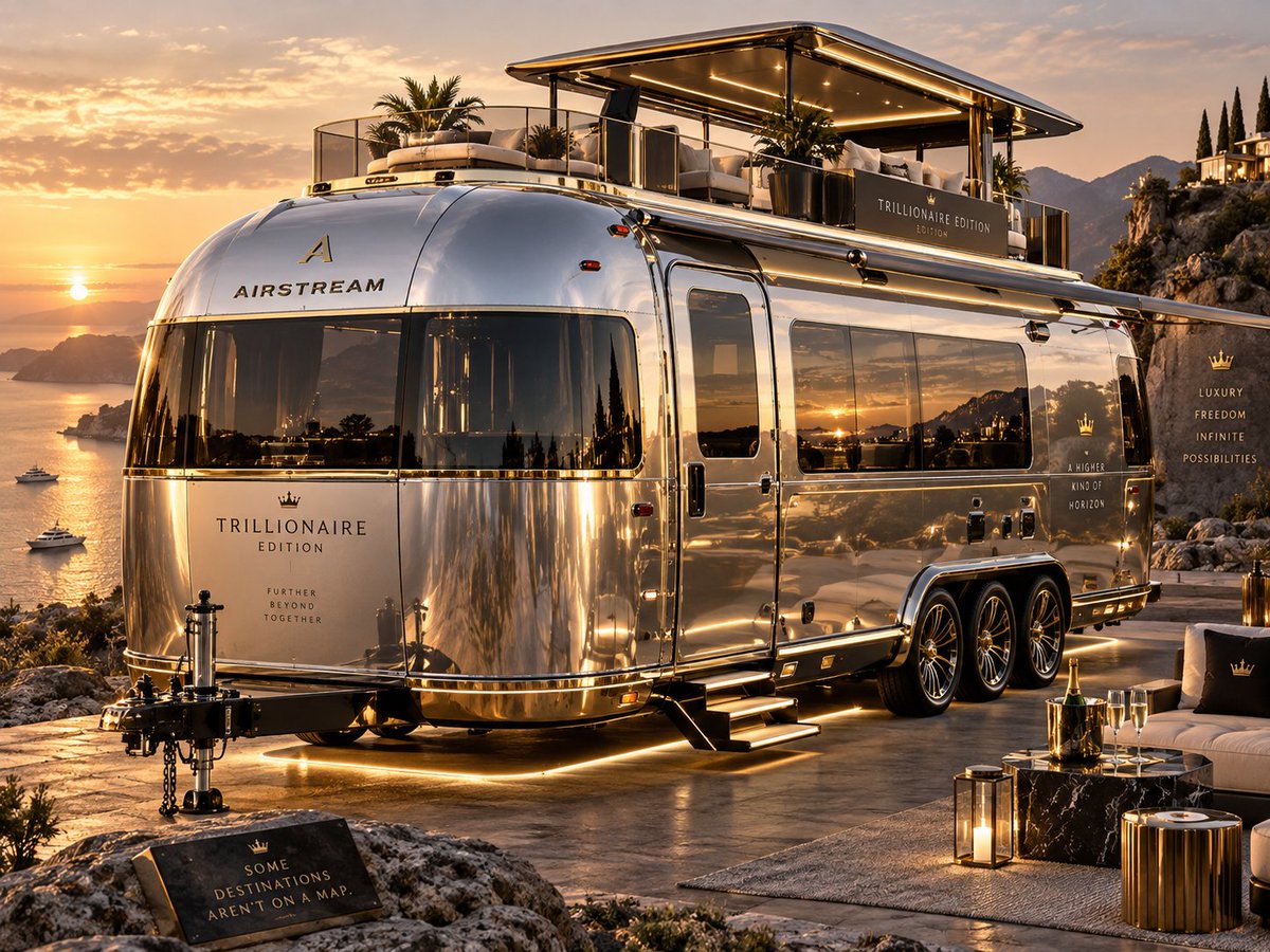 CernBasher's tweet photo. Breaking News Tomorrow: Airstream Unveils the "Trillionaire Edition™"

You own the yacht. You own the jet.
You own several homes you occasionally remember exist. But can any of them be parked next to your AI datacenter?

Introducing the Airstream Trillionaire Edition™.

A rolling monument to financial irresponsibility featuring a rooftop sky lounge, executive champagne deck, climate-controlled everything, and an exterior polished brightly enough to be visible from low Earth orbit.

Sleeps six. Entertains twenty.
Impresses absolutely everyone.

Tow vehicle sold separately. Preferably a Cybertruck.

MSRP: If you have to ask, consider the Billionaire Edition.