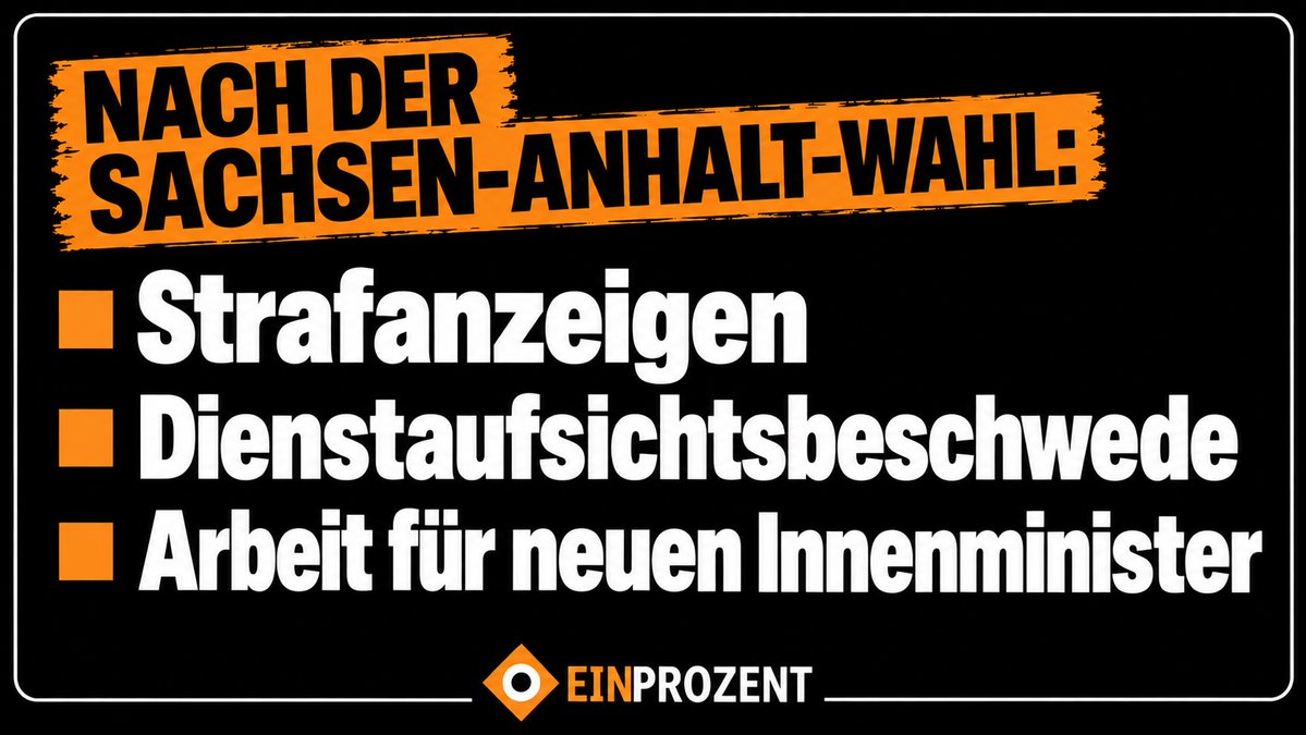 ein_prozent's tweet photo. Wir haben Arbeit für den neuen Innenminister in Sachsen-Anhalt!

Die Landeswahlleiterin und ein lokaler Wahlvorsteher kassieren Strafanzeigen. Hintergrund sind Anweisungen und Entscheidungen zum Umgang mit Wahlbeobachtern, die am Wahltag zu Konflikten und Polizeieinsätzen geführt haben.

Ein weiteres Mittel im Einsatz für sichere Wahlen: Wir beziehen jetzt auch das Innenministerium mit ein.

Alle Infos zu den Fällen und unserem weiteren Vorgehen findet ihr im Beitrag.

Link in den Kommentaren! ⤵️