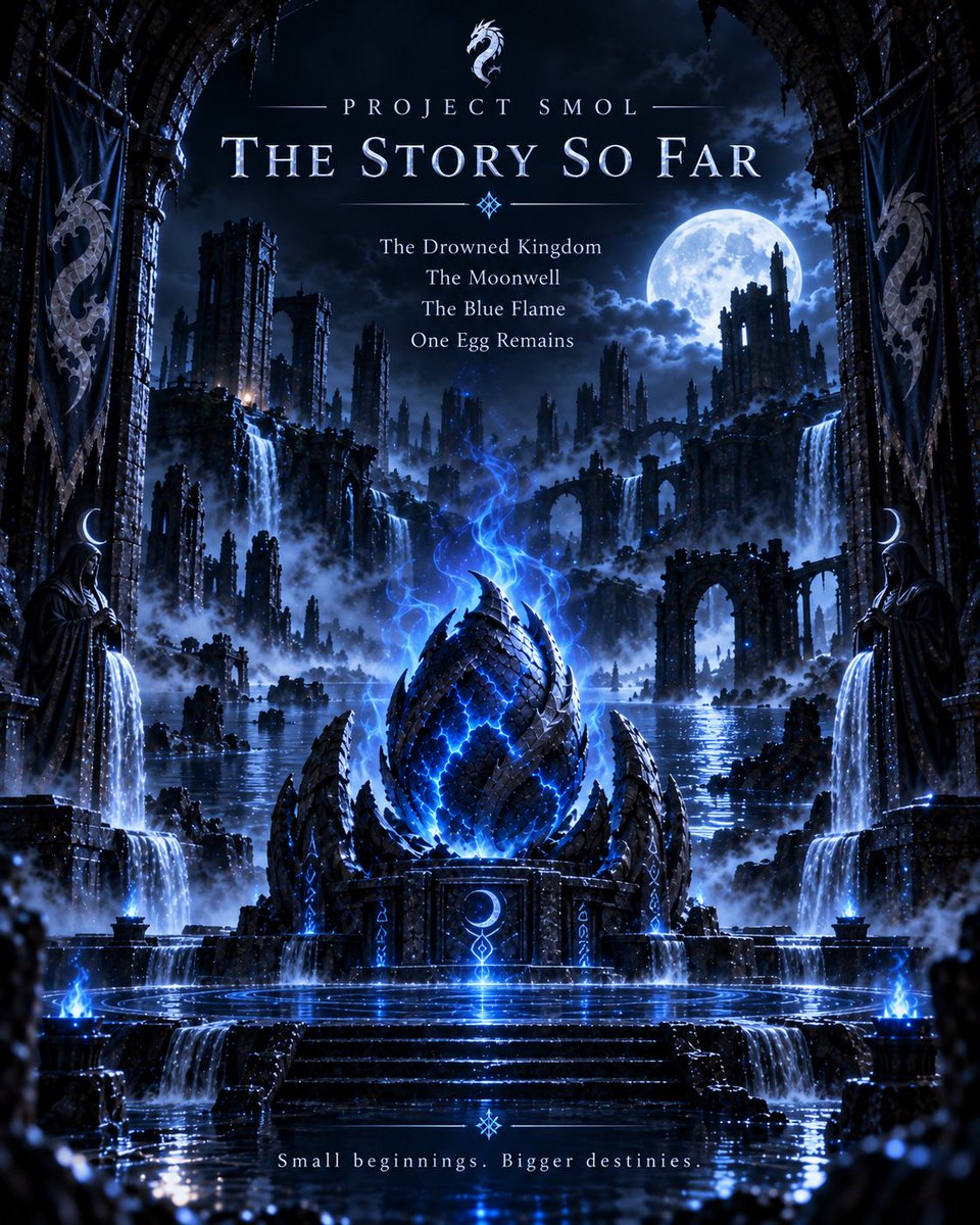 ProjectSmolDen's tweet photo. PROJECT SMOL — THE STORY SO FAR 🥚⚡

The Drowned Kingdom fell long ago.

The towers broke.
The water rose.
The dragons disappeared.

But one egg remained.

Hidden beneath the ruins, inside the Moonwell, it was left there on purpose.

And beneath it all, the blue flame never went out.

Now the egg is glowing.
The cracks are spreading.
And something is getting closer to waking.

That’s all we know… for now.

Small beginnings. Bigger destinies.

#ProjectSmol #Lore #Solana #memecoin100x