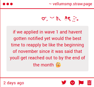 ethersgaze's tweet photo. #VellumSMP you can do that, but you can also apply right now and it won't really change anything about your first wave application! https://t.co/cv8Khxun2a