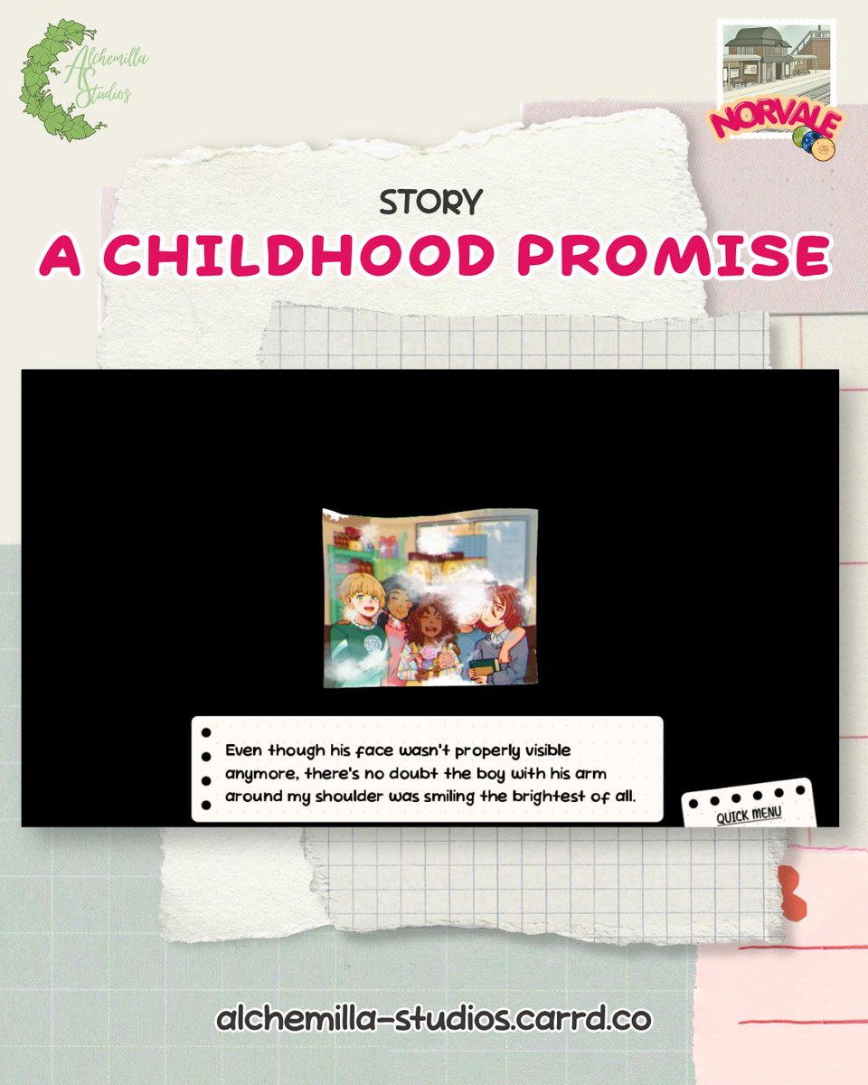 Alchemil_Studio's tweet photo. 📖Story II: A childhood promise
“I remembered making a promise sometime before I moved.
But as for what it was exactly…”

While rummaging through the ruined boxes, Morgan stumbles upon an old photograph and starts reminiscing about Nathan, an old friend.

#norvalevn https://t.co/NOIckhr8UM