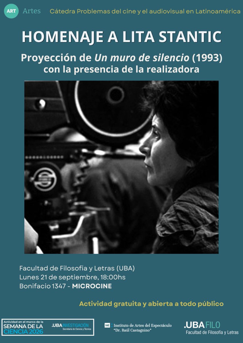 asaecacomunica's tweet photo. 🎬 #Proyecciones | Homenaje a Lita Stantic
Encuentro con la directora, guionista y productora Lita Stantic, con proyección de Un muro de silencio (1993) y presencia de la realizadora.
📅 21/9 | 18 h
📍 Microcine Anexo Bonifacio, FFyL-UBA
🎟️ Libre y gratuita https://t.co/DFs8s2yxPC