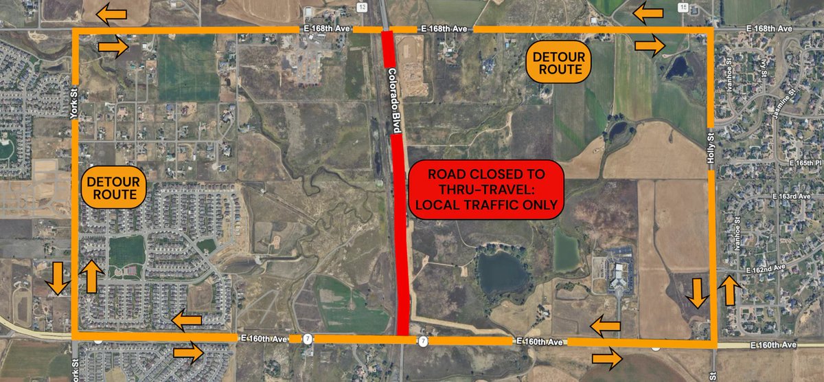 adamscountygov's tweet photo. Starting Monday, Sept. 21, Colorado Boulevard between E. 160th and E. 168th Avenue will be closed for several weeks while resurfacing work is completed. 

For more information about this year's paving program, visit the link. https://t.co/TYudnpHX6T

#AdCoTravelInfo https://t.co/cWSXC8CPhP