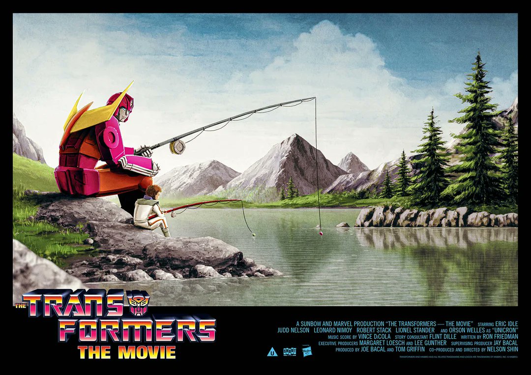 AnimeGothsRetro's tweet photo. In honour of one of the most beloved Animated movies of all time here are some pieces of trivia about Transformers: The movie (1986) for the week of its 40th anniversary cinema re-release.

Because both movies were animated by Anime studio Toei and the animators liked to include little references to their other works and in-jokes there is a blink and you'll miss it re-use of a background from the Fist Of The North Star movie (released the same year) in the scene where Unicron is devouring the planet Lithone. If you look to the left when the debris is being sucked inside Unicron you can see skyscrapers taken from a shot in the film.

The UK print of the film screened in cinemas in 1986 had an altered opening which featured a Star Wars style scrolling credit sequence that has been preserved on certain DVD and Blu Ray releases. it occurred just before the rock version of the iconic theme by Lion. Apparently UK distributors were worried if people hadn't seen the TV series they wouldn't understand the factions or premise. 

The UK print also had one more extra narration line with TV series/movie narrator Victor Caroli assuring kids that "Optimus Prime will return" accompanying the shot of Unicron's head floating through space.

Apparently the reason for Spike's famous "Oh Shit, what are we gonna do now?" line  was due to the fact that films with PG ratings in the US at that time were allowed more daily screenings so they could attempt to squeeze a bit more profit out of the movie.

Orson Welles health was so poor during the recording of his dialogue as Unicron that many of his voice lines were considered unusable by director Nelson Shin and story consultant Flint Dille. Shin had to put Welles lines through a synthesiser to even be able to use most of them which resulted in the more ominous tone heard in the finished film. Welles died 5 days after completing his dialogue on the film.

Inferno's voice actor is credited on the film yet he doesn't appear. Apparently footage was created but cut and the voice line wasn't recorded but the crew forgot to remove his name from the credits.

During the scene where Hot Rod and Kup are imprisoned by the Quintessons the jail cell contains the destroyed remnants of former unlucky prisoners. Amongst the wreckage you can glimpse recoloured repurposed designs for the Rick Dias and RX-782 Mk II from Mobile Suit Zeta Gundam. It's assumed that some of the animation staff were fans of the show and snook them in as a little homage. It's also possible someone at Toei assisted Sunrise on Zeta in an uncredited capacity and had the reference materials on their desk to draw from.

Cybertron's third moon which is attacked by Unicron's hand and damaged in the film still bears his claw marks when it reappears over 10 years later in Beast Wars in a cool piece of continuity.

For whatever reason Snarl is absent from most of the film and there's never been an official confirmation as to why. The script lists four of the five dinobots, Snarl can be seen briefly in some shots and has seemingly been included by accident not having a role in the story. Toei, Takara and Hasbro have never offered any insight into this but it's clearly a continuity error.

Anime legend Satoshi Urushihara is not credited on the film but contributed some mechanical design, promo art and also worked on key animation.

Images: Left - The Epic UK quad poster. I had a poster magazine replica of this on my childhood bedroom wall.

Middle - Japanese cinema poster art by Yoshiyuki Takani

Right - 35th Anniversary Lobby card by Matt Ferguson (2021) 

Final - 2011 art by Tim Doyle for a screening at the Blue Starlight Drive-in

#TransformersTheMovie