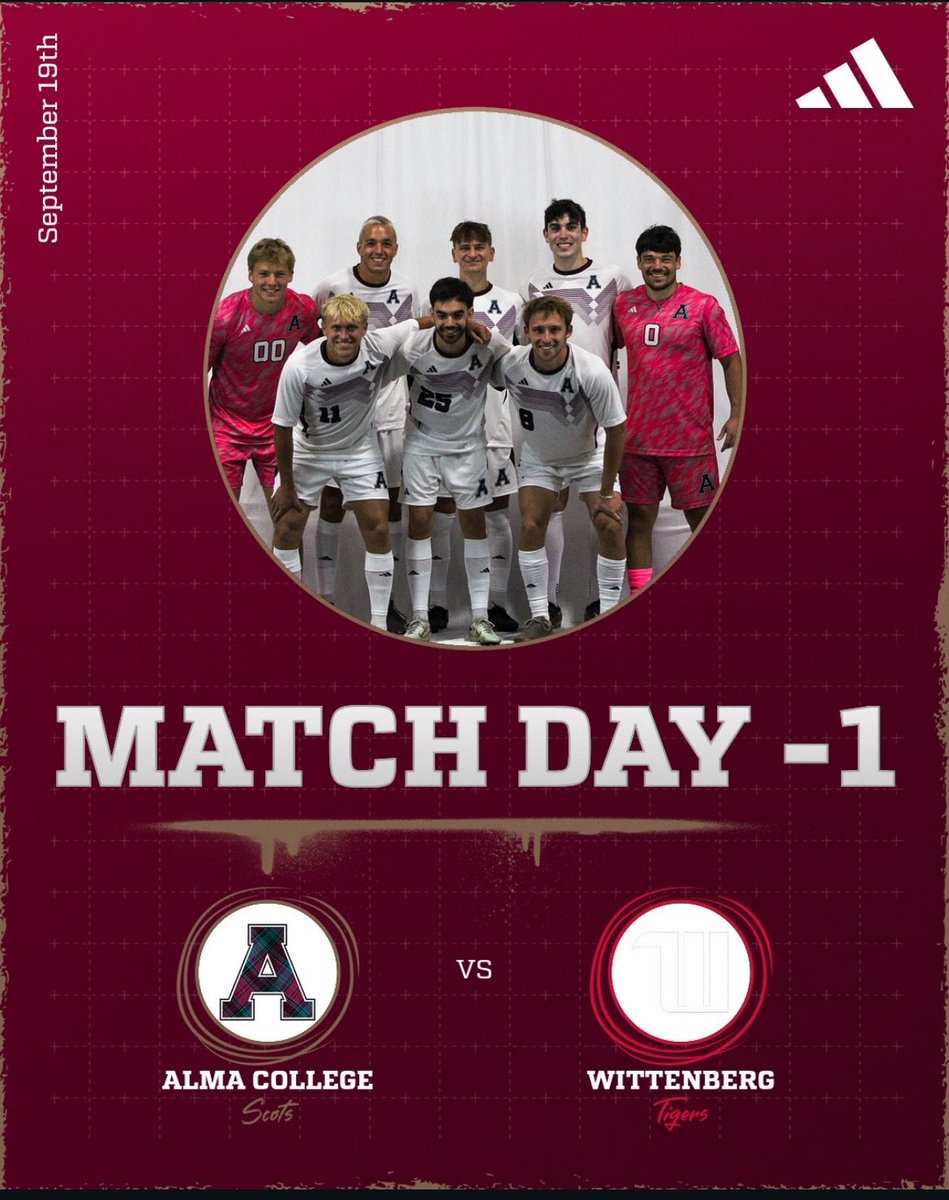 AlmaScotsMSOC's tweet photo. GAME DAY -1
SENIOR DAY 🎓
Tomorrow, we celebrate the seniors who have given their time, commitment, leadership, and countless memories to Alma College Men’s Soccer.

⚔️ SATURDAY, SEPTEMBER 19
vs. Wittenberg University
⏰ KO: 12:00 Midday
📍 Bahlke Field, Alma, MI. https://t.co/0CO6fukaad