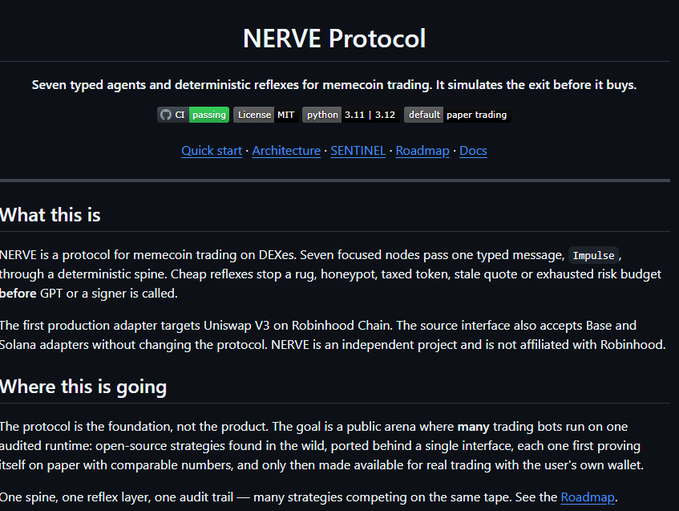 LiXi381m's tweet photo. Ex Nvidia-researcher Henvy jhust dropped a new backrooms protocol called "Nerve".

Its an advanced agent terminal for cryptos and stock pairs on Solana.

His previous coins did super well and one of them went to $500k a few weeks back.

Now he dropped his 2nd project. 

All fees to his Github:
https://t.co/sYLO1OoEn1

https://t.co/CCeB9LC8kc
