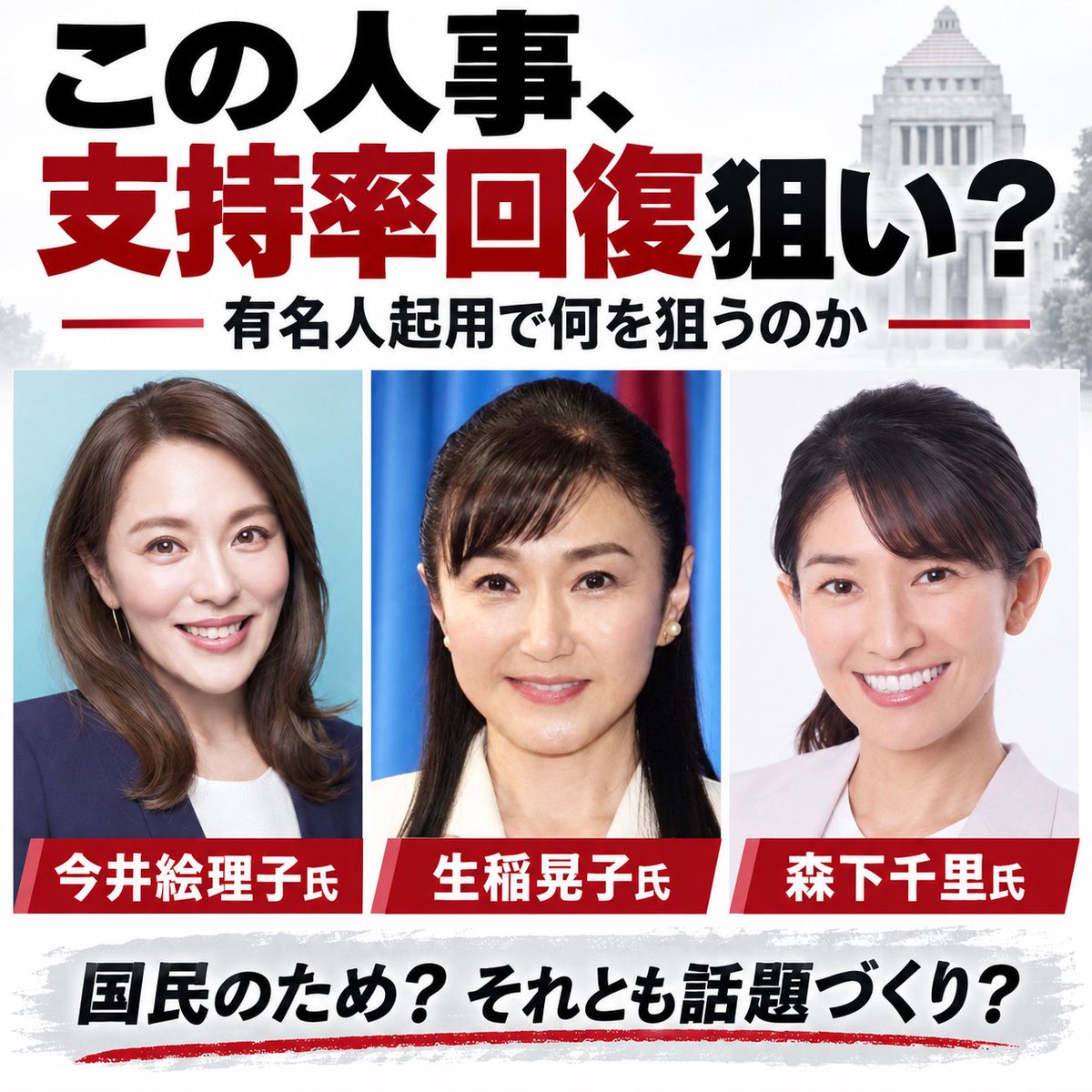 juri_piyo's tweet photo. 高市さん、国民を舐めてますね

今井絵理子、生稲晃子、森下千里…、
知名度のある元芸能人を揃えて要職に起用すれば、
支持率が上がると思っているんでしょうか？

高市首相自身は今回の人事について、党所属議員へのアンケートを踏まえ、「専門知識」「課題意識」「やる気」「実行力」を重視したと説明………🤷‍♀️

#滅べ統一教会自民党 
#高市が国難
