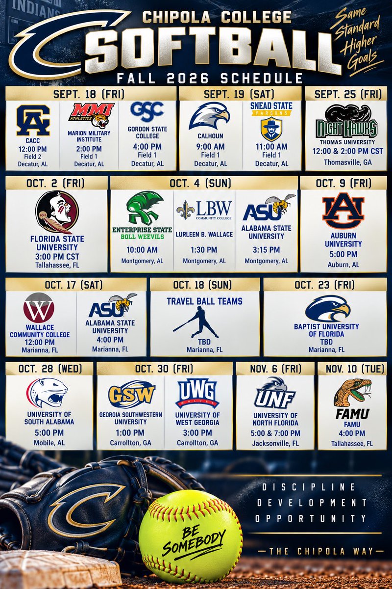 chipolasoftball's tweet photo. >>>—FALL SCHEDULE DROP—>

Chipola Softball is hitting the road and taking on some great competition this fall! We’re ready to compete, grow, and represent The Chipola Way every time we step on the field.

Save the dates and come support the Lady Indians! https://t.co/Evu7xXXAoz