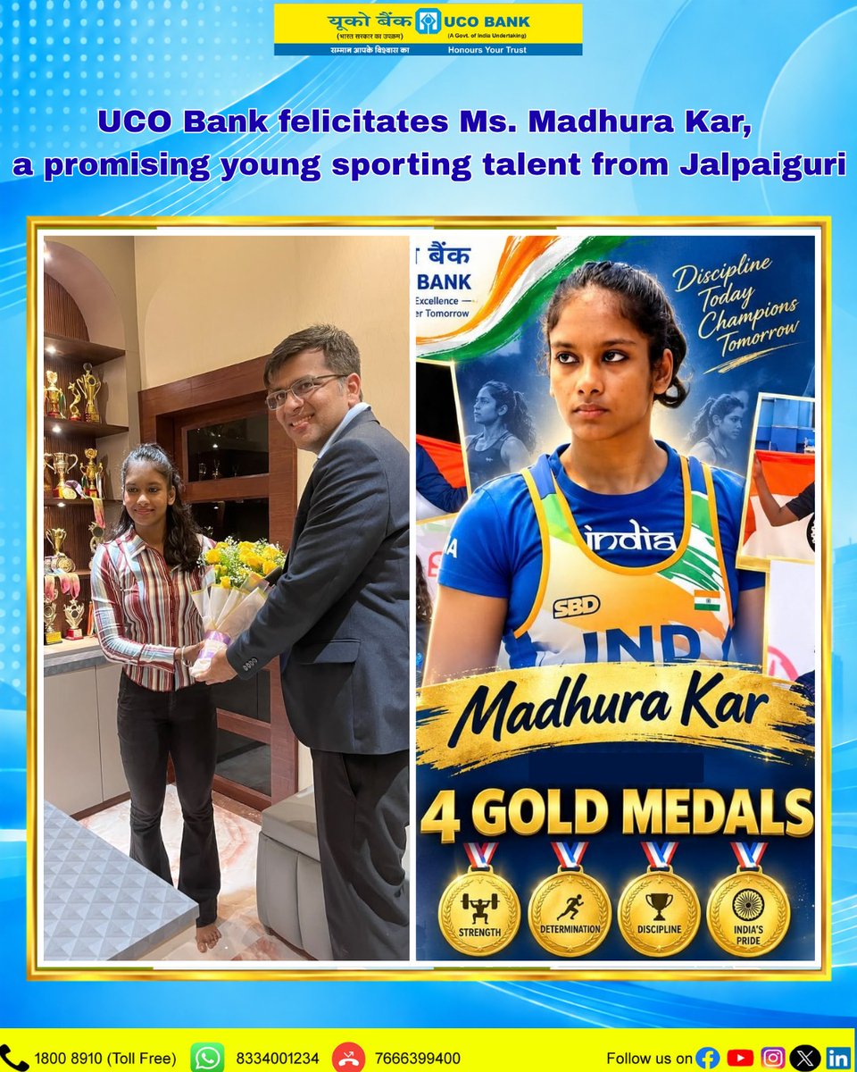 UCOBankOfficial's tweet photo. UCO Bank had the privilege of felicitating Madhura Kar, the young powerlifting sensation from Jalpaiguri, in recognition of her outstanding achievement on the global stage. https://t.co/Ot8gKxR6p6
