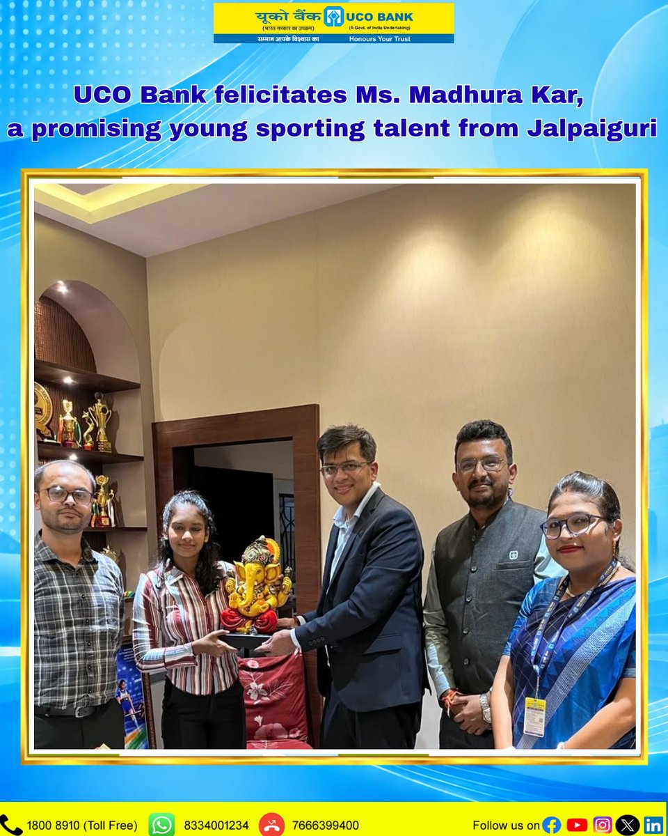 UCOBankOfficial's tweet photo. UCO Bank had the privilege of felicitating Madhura Kar, the young powerlifting sensation from Jalpaiguri, in recognition of her outstanding achievement on the global stage. https://t.co/Ot8gKxR6p6