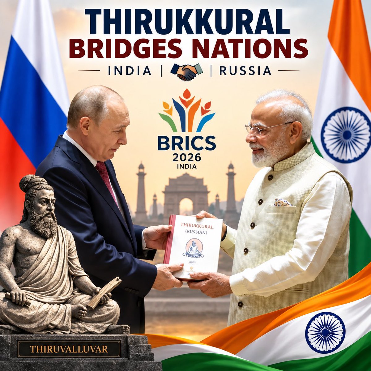WhyIndiaWins's tweet photo. Thirukkural Bridges Nations! 🇮🇳🤝🇷🇺 PM Modi presents Russian edition of Thirukkural to President Putin at BRICS 2026 India. Ancient Tamil wisdom connecting India &amp; Russia.

#Thirukkural #BRICS2026 #IndiaRussia #Modi #Putin #CulturalDiplomacy https://t.co/7vwSx9Om7x