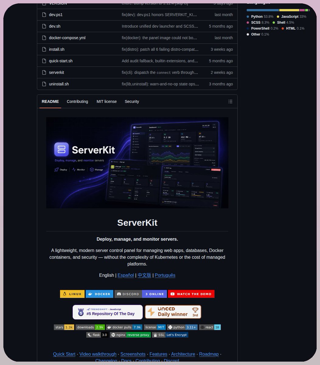 tom_doerr's tweet photo. Deploys, monitors, and manages web applications, databases, and Docker instances through a lightweight server control panel.

https://t.co/H73kzykjBs https://t.co/p0RU0R6Ify