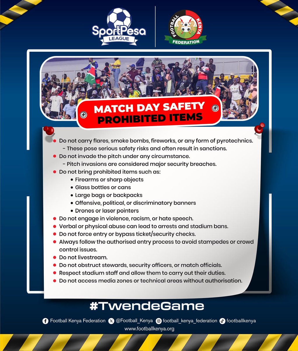 Momanyielijah01's tweet photo. 🚨 THE KENYA PREMIER LEAGUE IS BACK TOMORROW! ⚽🔥

As fans head back to the stadiums for the 2026/27 season, here are some of the prohibited items you should NOT carry into the stadium.

#FootballKE #Kipenga254 #FKFPL #KenyaPremierLeague https://t.co/1Venn1Ubid