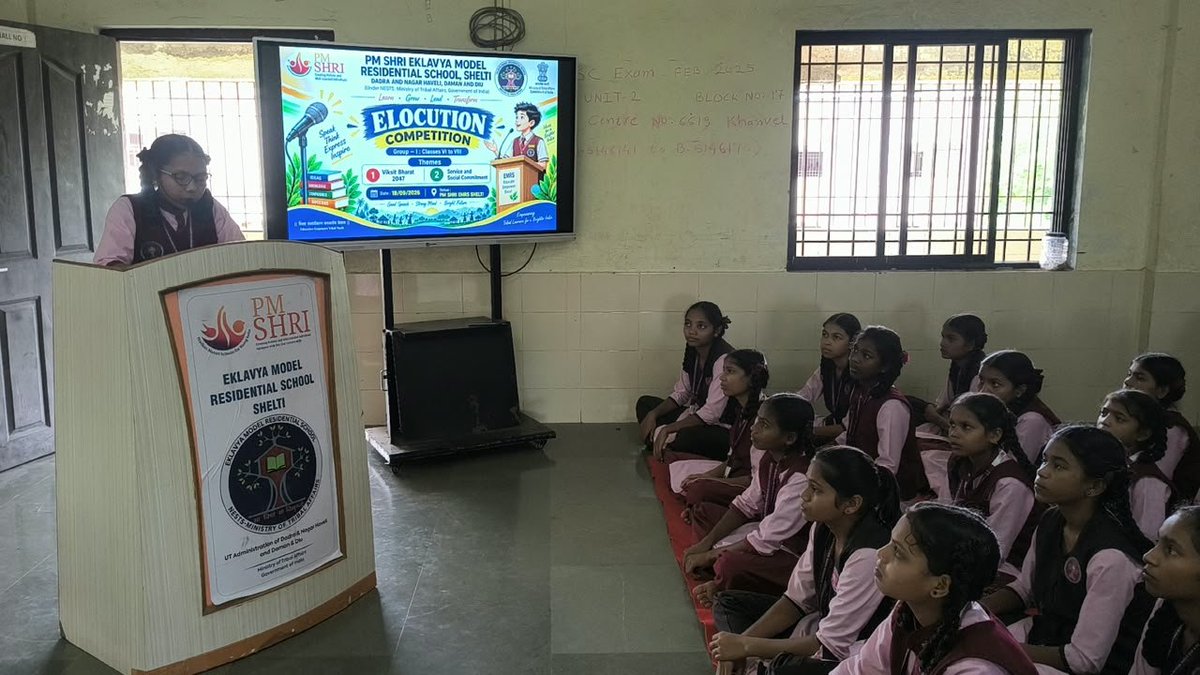 emrsdnh's tweet photo. PM SHRI Eklavya Model Residential School, Shelti में विद्यार्थियों द्वारा “विकसित भारत @2047” विषय पर Elocution Activity का आयोजन किया गया। विद्यार्थियों ने उत्साहपूर्वक भाग लेते हुए विकसित, आत्मनिर्भर और सशक्त भारत के निर्माण पर अपने विचार प्रभावी ढंग से प्रस्तुत किए। @NESTSHQ https://t.co/v5mCZNnux5