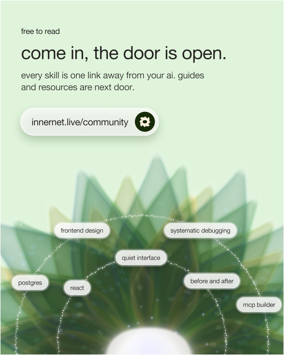 yourInnernet's tweet photo. found a skill worth keeping? bring it.

hand innernet a github link, a gist or a post. it lands under the author's name, with yours as the one who brought it. every version stays.

skills first. guides and resources are next door. free to read. https://t.co/PVjSzCJYtf