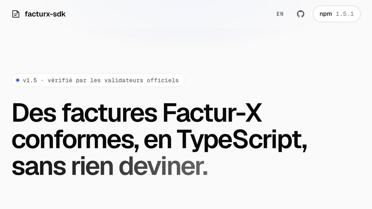 ibirddev's tweet photo. La facturation électronique est en vigueur depuis le 1er septembre. Recevoir est obligatoire pour toutes les entreprises, en Factur-X, CII ou UBL.

facturx-sdk lit les trois et écrit du Factur-X. TypeScript pur, hors ligne, MIT.

https://t.co/SfHI7lpEVw https://t.co/nry2NgynKM
