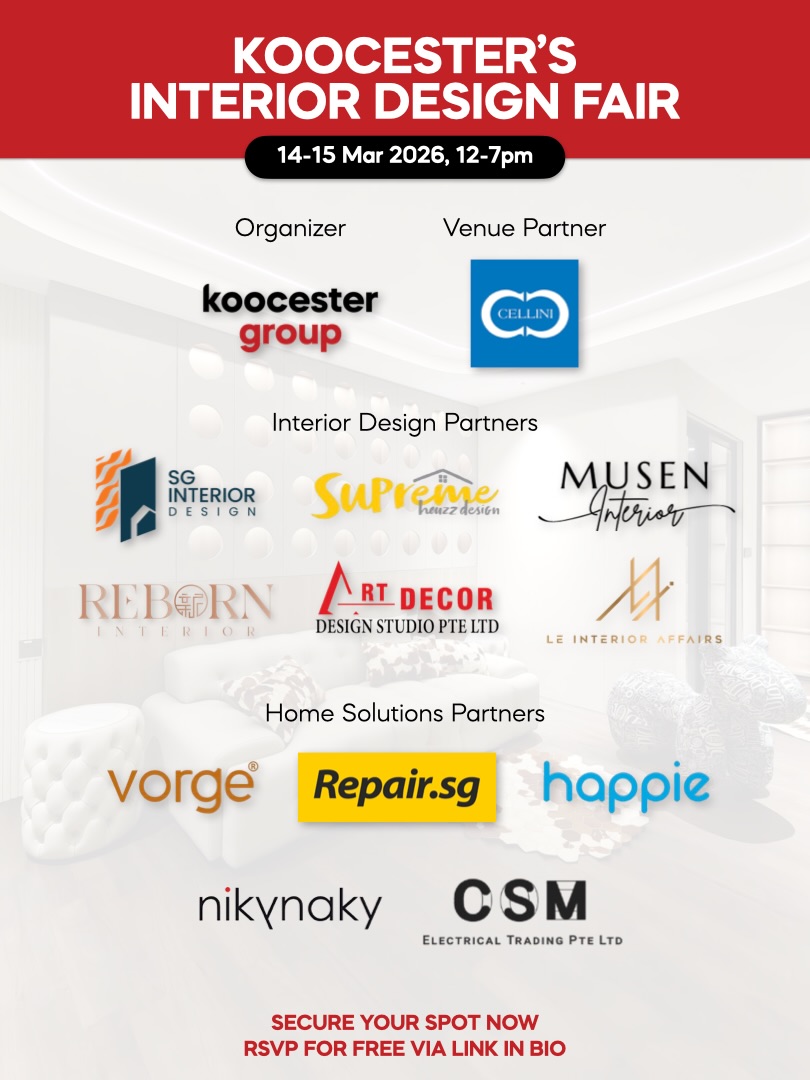 Nidaergen6's tweet photo. Renovating your home? Join Koocester’s first Interior Design Fair for expert advice, Feng Shui consultations, exclusive deals, prizes, and inspiration. 14–15 March 2026, 12PM–7PM, Cellini Home Gallery, Singapore. https://t.co/Tbh85ZLz9C
