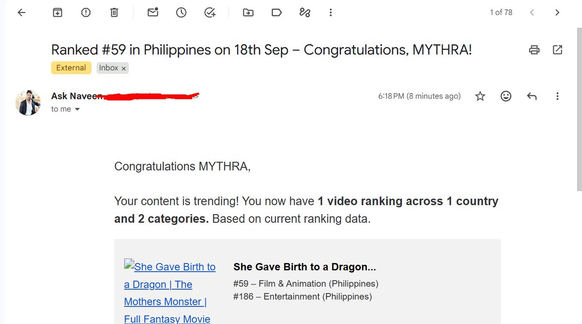 zetomation's tweet photo. Trending in the Top 100 on YouTube.

My first AI film is now ranked #59 in the Philippines, across 2 categories.

Written, directed, generated and edited by one person. https://t.co/hmyfARUl7U