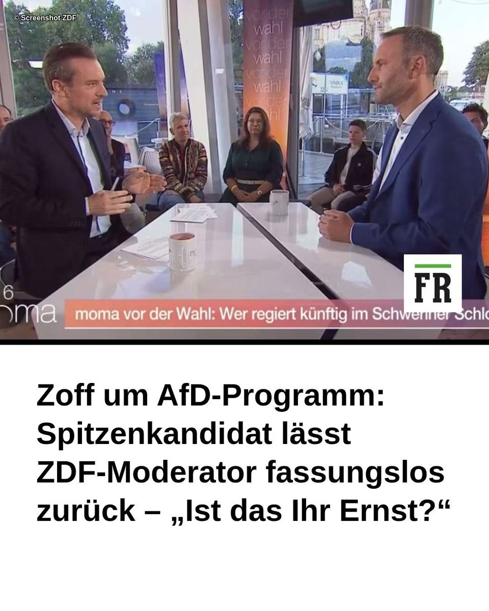 IrisRoder42813's tweet photo. Im ZDF stellt sich AfD-Spitzenkandidat Enrico Schult vor der Wahl in Mecklenburg-Vorpommern zum Interview.
▶️ Moderator Andreas Wunn gerät mit ihm aneinander.

Er zitiert aus AfD-Wahlprogramm in MV

▶️ „rechtsradikale Verschwörungstheorie“

https://t.co/pZ5AHWyFnq https://t.co/wZulRh3x88