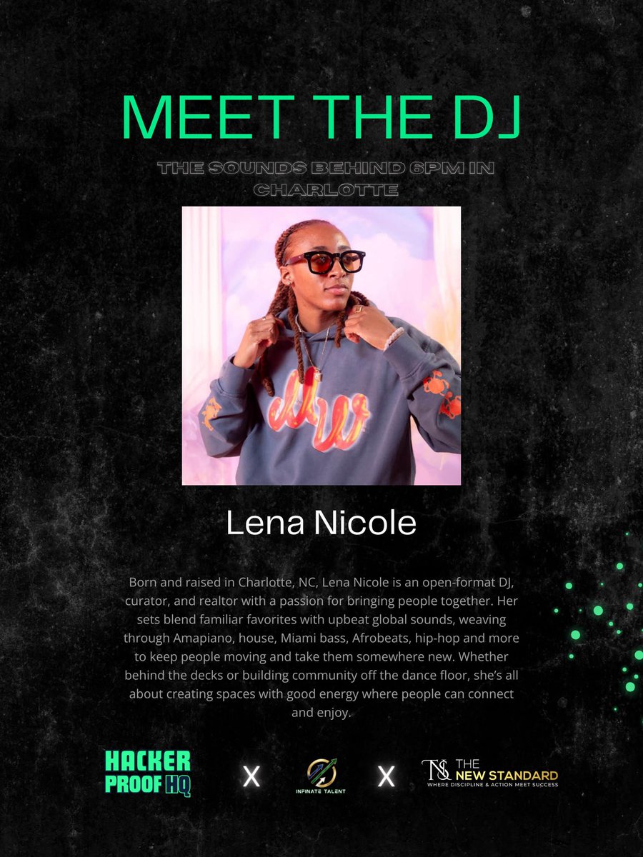 HackerproofHQ's tweet photo. Lena Nicole on sound for 6PM in Charlotte. Charlotte native, open format.

Thurs 9.24, 6 to 9PM, Indigo Tea &amp; Coffee, Uptown.

RSVP:https://t.co/YsK9Z2dztE

 #6PMinCharlotte #CharlotteTech #CLT #QueenCity #LenaNicole #Amapiano #Afrobeats #CharlotteEvents #BlackTech #HackerProofHQ https://t.co/OBHLxojA3X