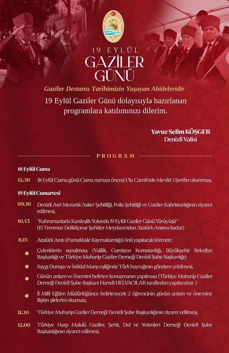 DenizliValiligi's tweet photo. 🇹🇷 Vatan sevgisi, cesaret ve fedakârlığın timsali kahraman gazilerimize minnettarız.

📌19 Eylül Gaziler Günümüz dolayısıyla hazırlanan programlara katılımınızı dilerim.

@TC_icisleri 
@tcailesosyal 
@yskosger https://t.co/KsFcRU8j2j