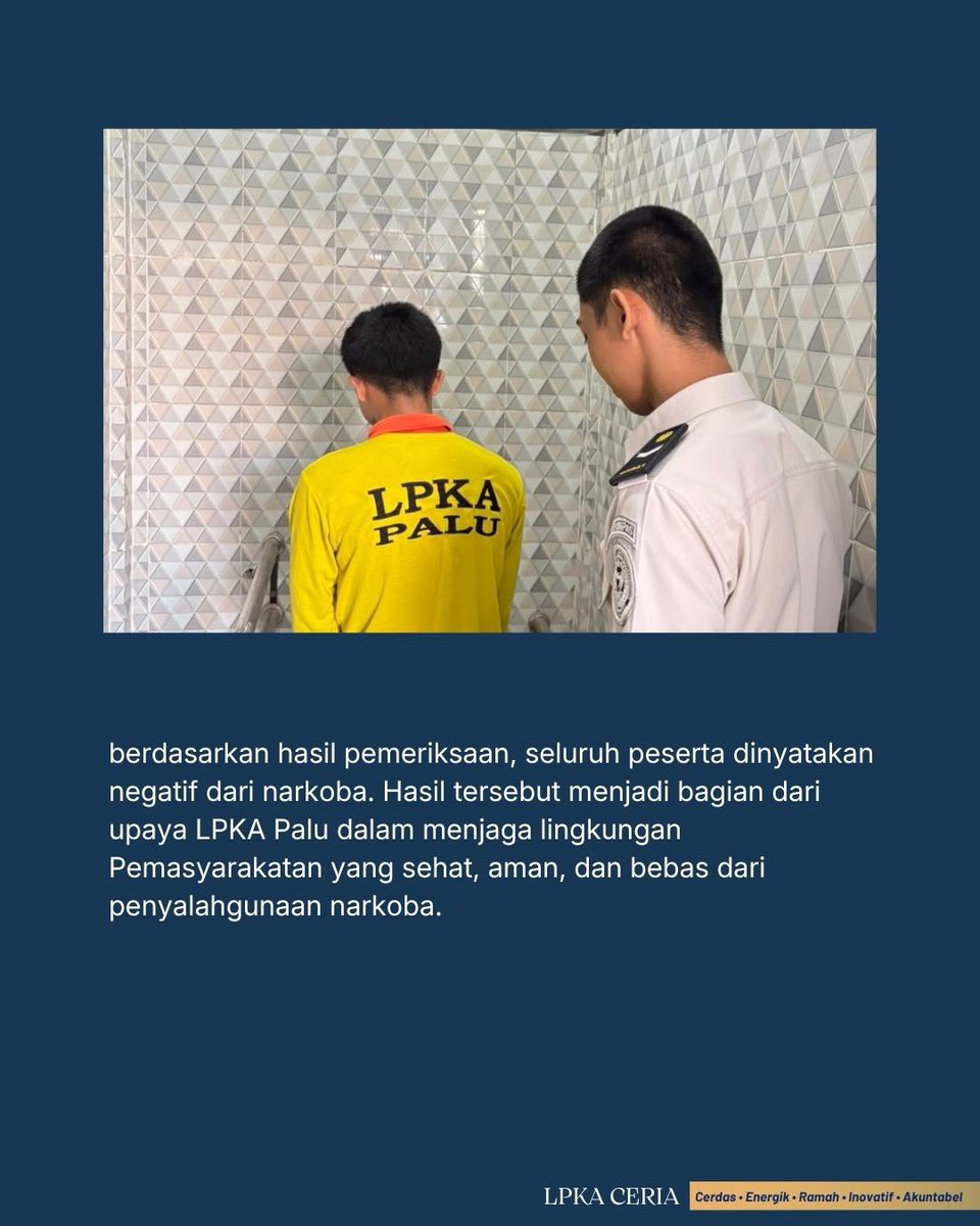 LPKAPALU's tweet photo. LPKA Palu Gelar Tes Urine bagi Petugas dan Anak Binaan, Pastikan Lingkungan Bersih dari Narkoba

Palu – Lembaga Pembinaan Khusus Anak (LPKA) Kelas II Palu melaksanakan tes urine terhadap 15 petugas dan 15 Anak Binaan yang dipilih secara acak, Kamis (18/9/2026). https://t.co/4QgtemQcG3