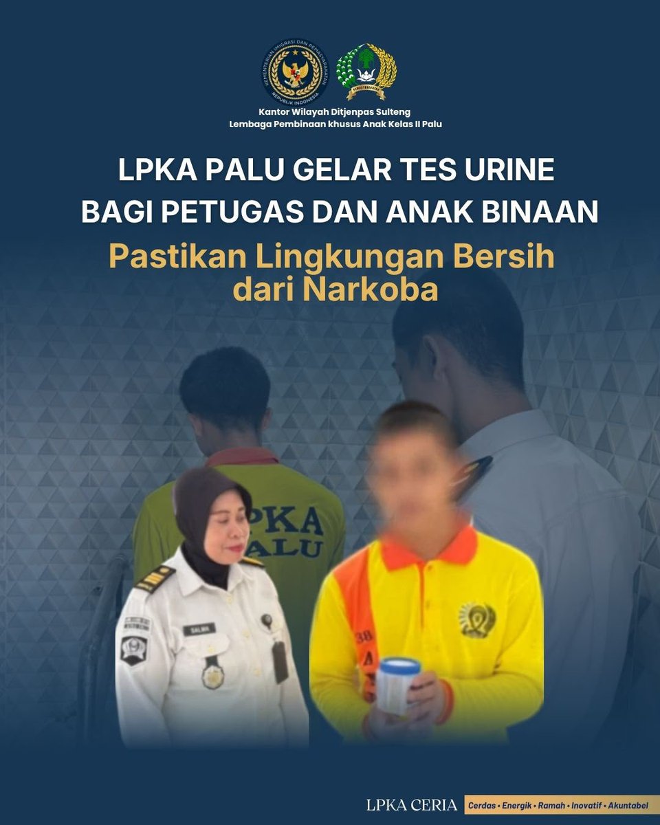 LPKAPALU's tweet photo. LPKA Palu Gelar Tes Urine bagi Petugas dan Anak Binaan, Pastikan Lingkungan Bersih dari Narkoba

Palu – Lembaga Pembinaan Khusus Anak (LPKA) Kelas II Palu melaksanakan tes urine terhadap 15 petugas dan 15 Anak Binaan yang dipilih secara acak, Kamis (18/9/2026). https://t.co/4QgtemQcG3