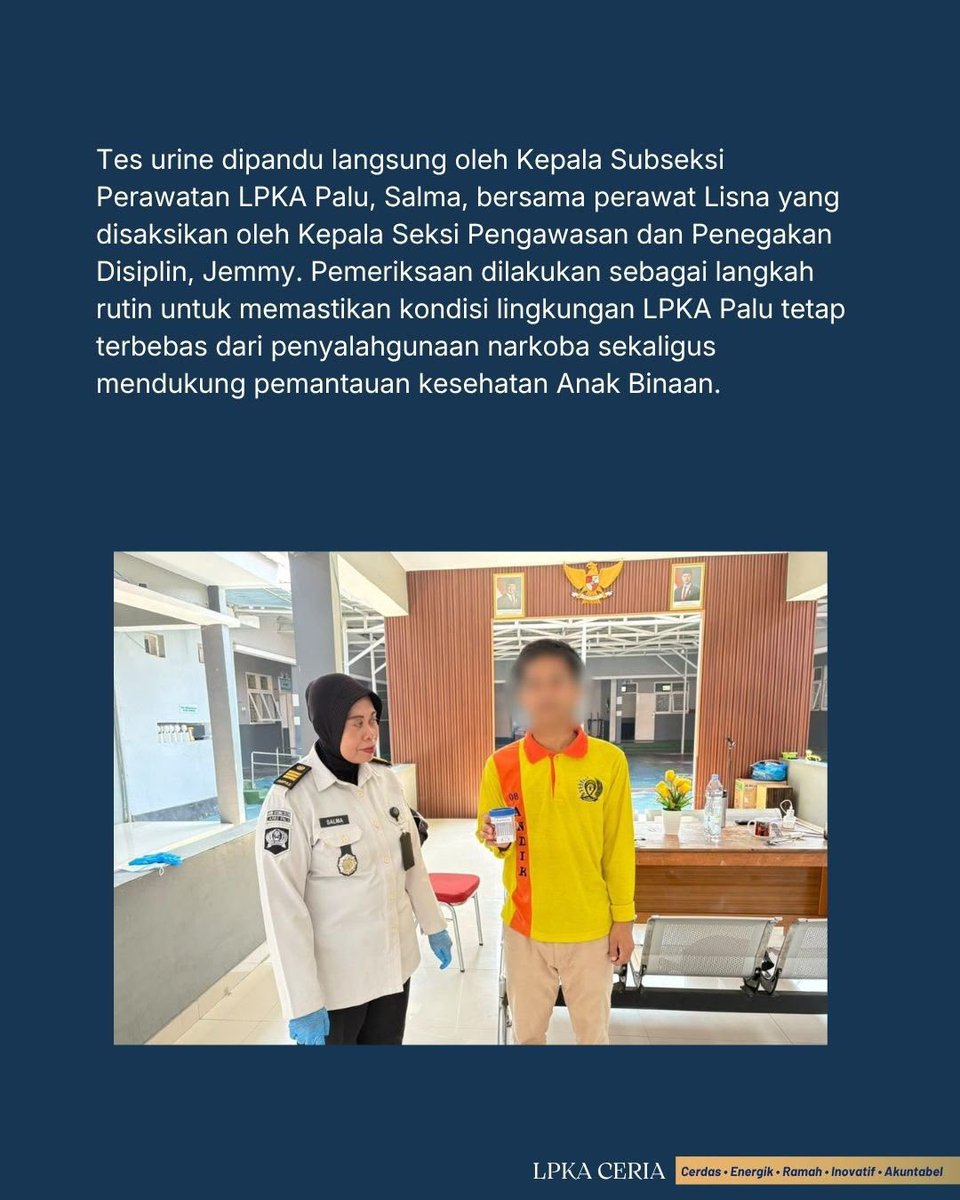 LPKAPALU's tweet photo. LPKA Palu Gelar Tes Urine bagi Petugas dan Anak Binaan, Pastikan Lingkungan Bersih dari Narkoba

Palu – Lembaga Pembinaan Khusus Anak (LPKA) Kelas II Palu melaksanakan tes urine terhadap 15 petugas dan 15 Anak Binaan yang dipilih secara acak, Kamis (18/9/2026). https://t.co/4QgtemQcG3