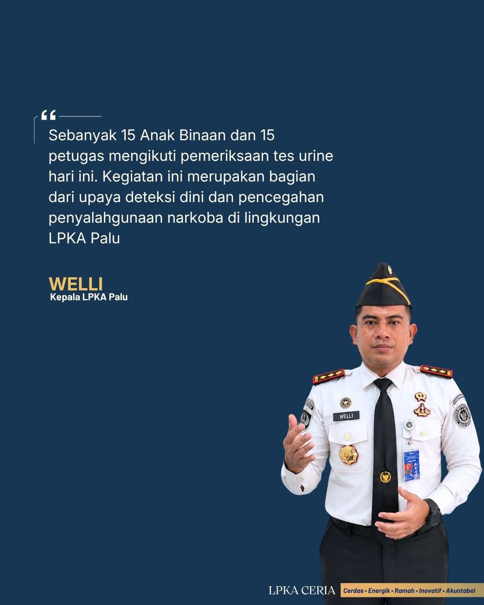 LPKAPALU's tweet photo. LPKA Palu Gelar Tes Urine bagi Petugas dan Anak Binaan, Pastikan Lingkungan Bersih dari Narkoba

Palu – Lembaga Pembinaan Khusus Anak (LPKA) Kelas II Palu melaksanakan tes urine terhadap 15 petugas dan 15 Anak Binaan yang dipilih secara acak, Kamis (18/9/2026). https://t.co/4QgtemQcG3