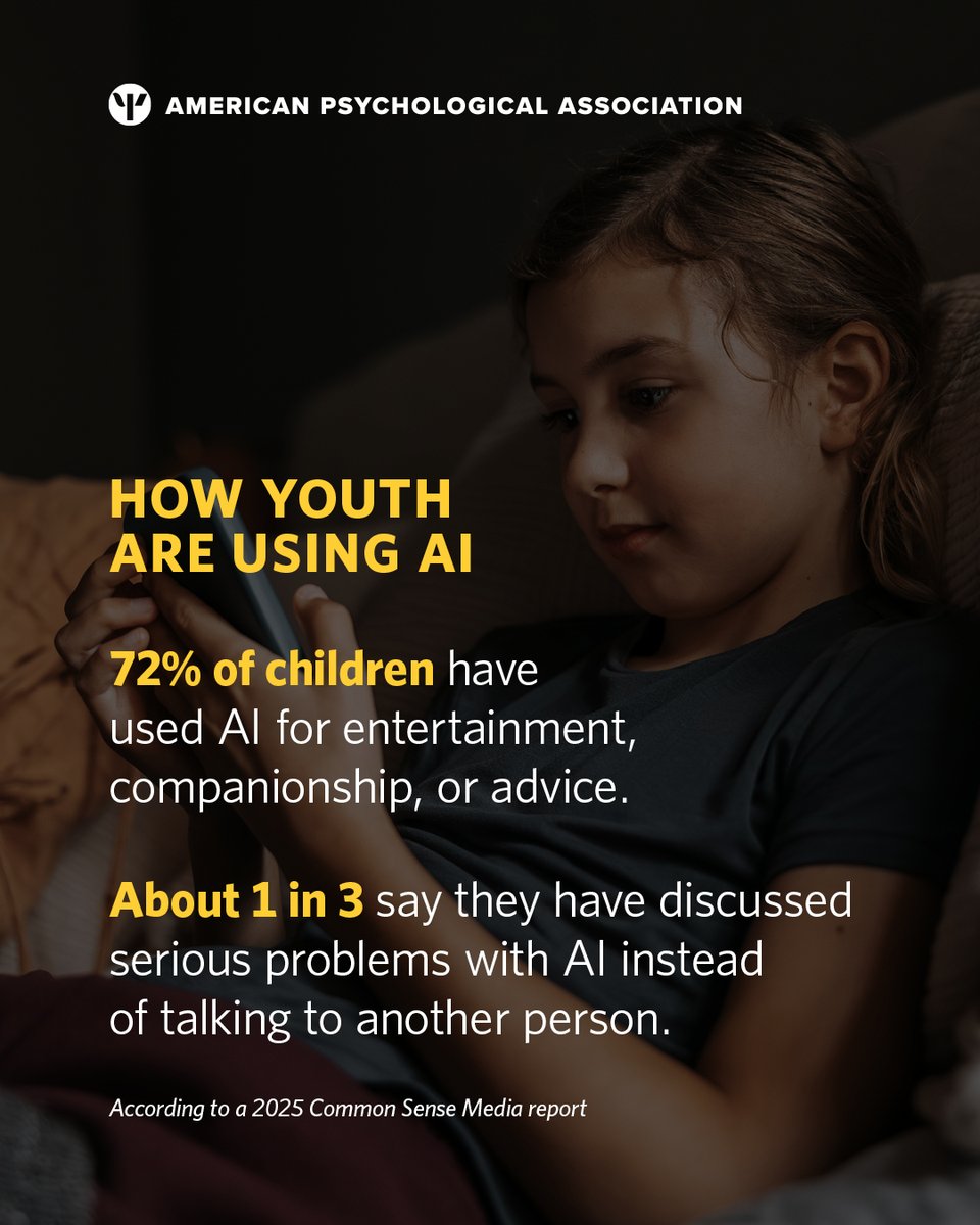 APA's tweet photo. Children and teenagers are turning to AI for friendship, advice, and support. Psychologists say this raises important questions about what happens to social and emotional development when AI fills roles that used to belong to other people. Learn more: https://t.co/LgfZj6e5Sx https://t.co/AKDRbbCqeK