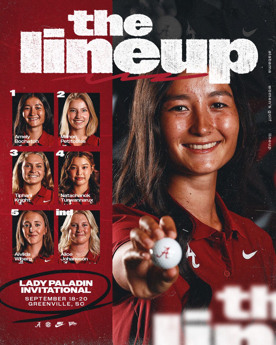 AlabamaWGolf's tweet photo. The Crimson Tide is back in action! Ready to tee off at the Lady Paladin Invitational!  #RollTide

📊: https://t.co/sVlBF0YHAK https://t.co/LCgLpbKfmq