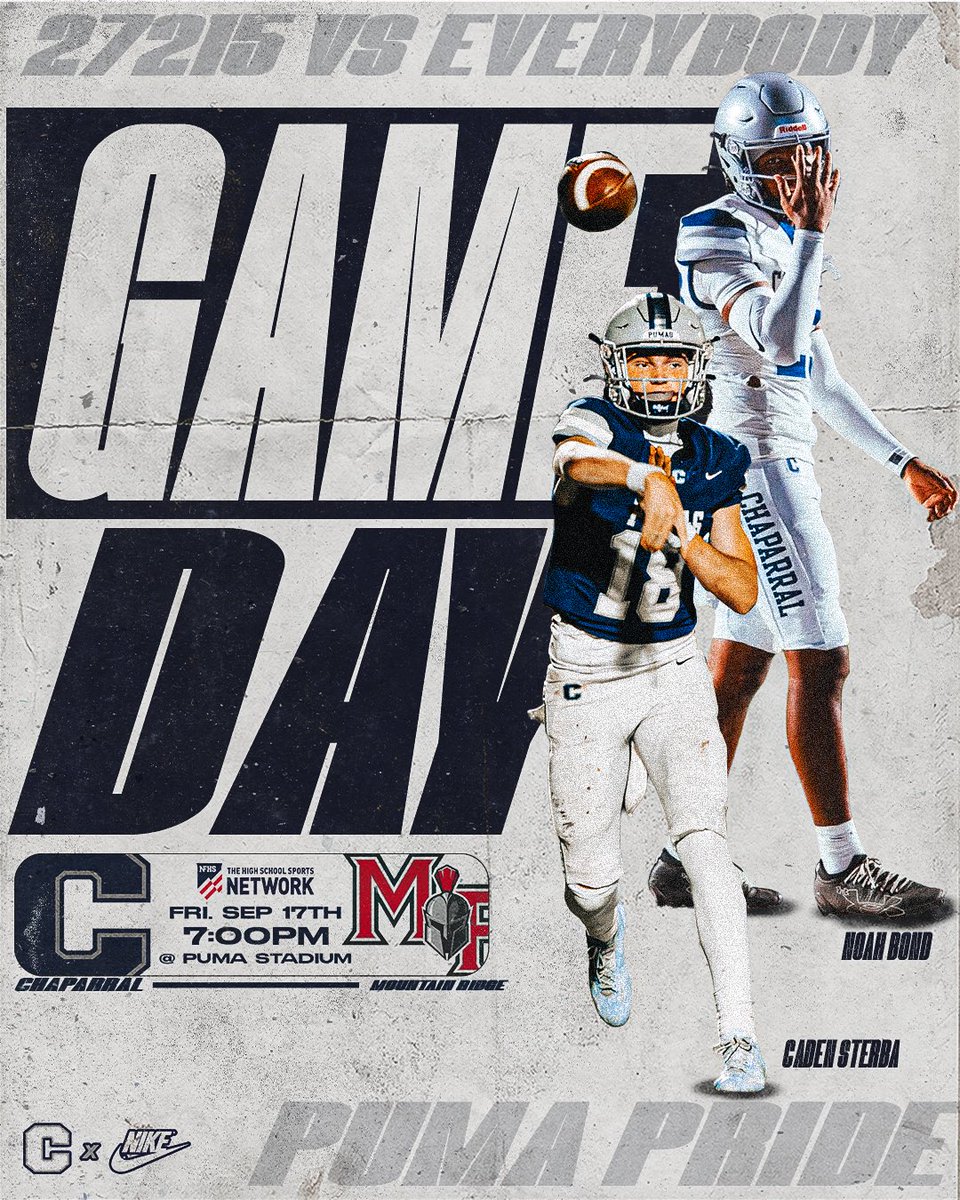 chaparralpumafb's tweet photo. 🔹 GAME DAY 🔹

Mountain Ridge (Utah) at Chaparral

7pm

NFHS Network

Tickets on GoFan

#PumaPRIDE https://t.co/oZ9un7oKqx