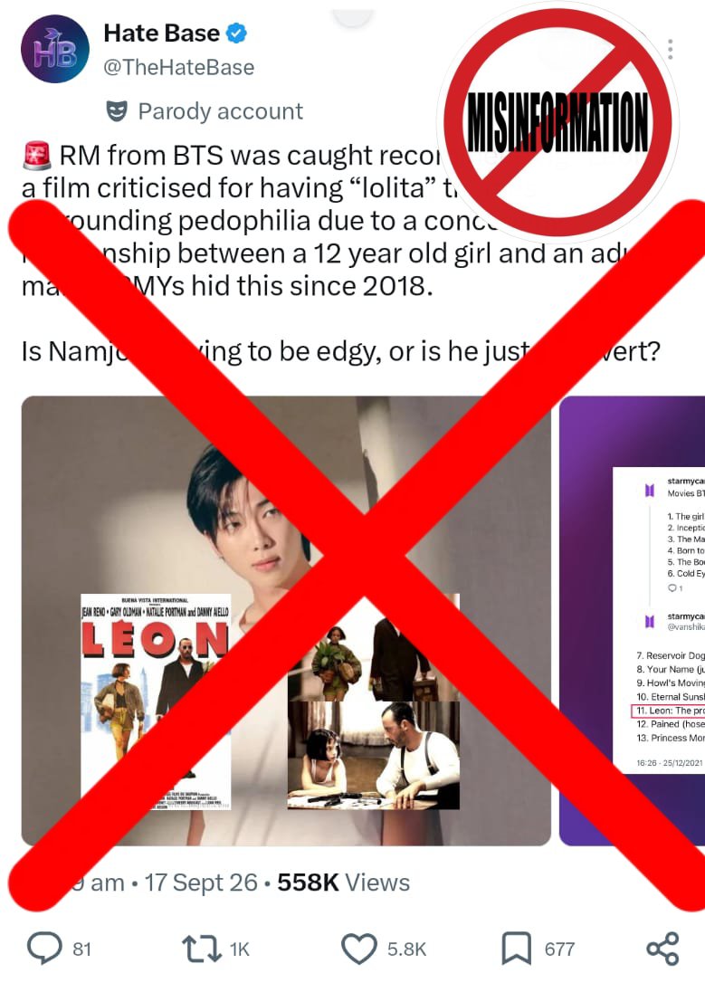 HavenCrave's tweet photo. Contextual clarification regarding the claim about RM x Léon (1994)

RM mentioned Léon in 2015 as a teenager when it was popularised in Korea but the post deliberately strips away the context.The version commonly distributed in South Korea is an 110-minute censored/edited version https://t.co/cihYleaATA