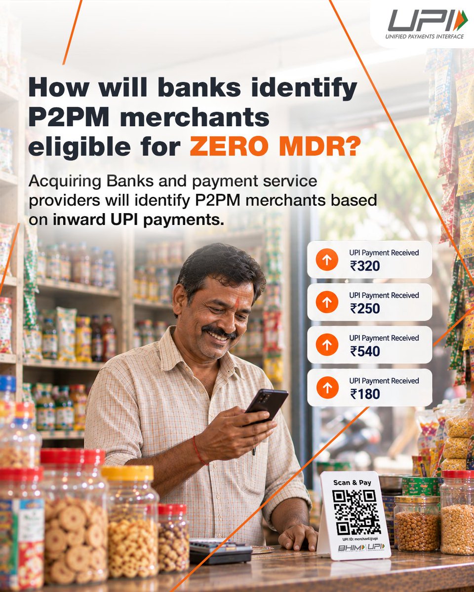 UPI_NPCI's tweet photo. With ZERO MDR for eligible P2PM merchants, how is eligibility determined?

Banks and payment service providers will identify P2PM merchants based on their inward UPI payments. 

Merchants receiving up to ₹1 lakh per month remain under P2PM. If inward UPI payments exceed ₹1 lakh per month for 3 consecutive months, the merchant is formally transitioned to the P2M category.

#UPI #UPIChalega #MDR #DigitalPayments