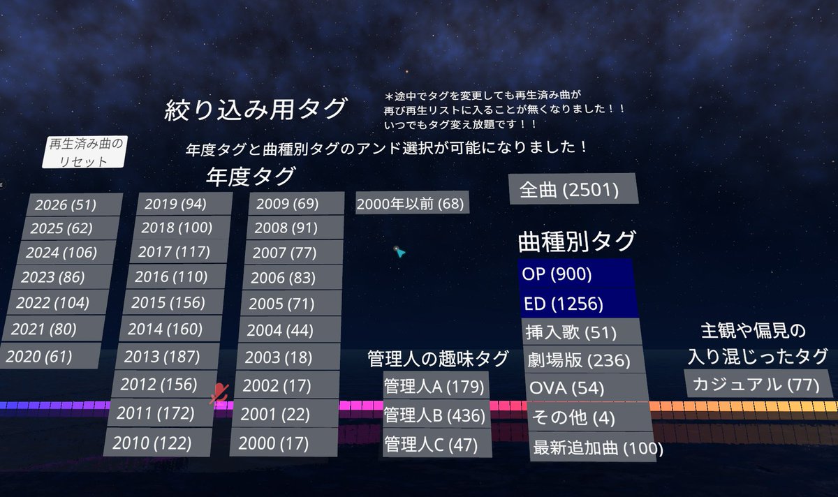 ENMA0602's tweet photo. 「アニソンイントロクイズ」ワールドの総曲数が2500曲、総アニメタイトルが398作品になりました！！
サビでのクイズモードやカジュアルタグ等遊びやすいものも用意しましたので是非遊んでみてください！！

#VRChat
#VRChat_world
#VRChat_world紹介 https://t.co/teRcFWLvqY