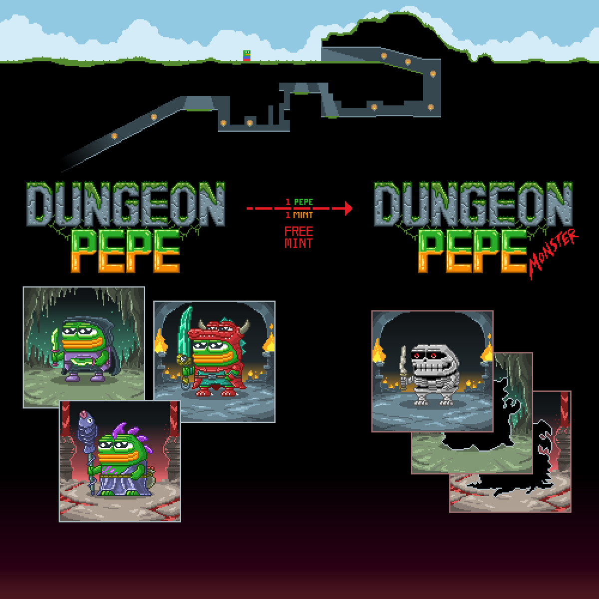 QuartzFrame's tweet photo. Dungeon Pepe is a collectible NFT collection featuring dungeon-diving Pepes.

Adventure deep into the darkness of long lost ancient labyrinths, discover hidden secrets, fight monsters, and loot mythical treasures!

After the minting ends, Dungeon Pepe Monster will follow — another collection that coexists with Dungeon Pepe. Free mint exclusively for Dungeon Pepe holders, featuring 100+ different Monsters to collect!

For every Pepe you own, you’ll receive 1 mint limit for Dungeon Pepe Monster.

The more Pepes you have, the more Monsters you can slay ( mint ) and collect! ⚔️🐸

Coming very soon on @opensea