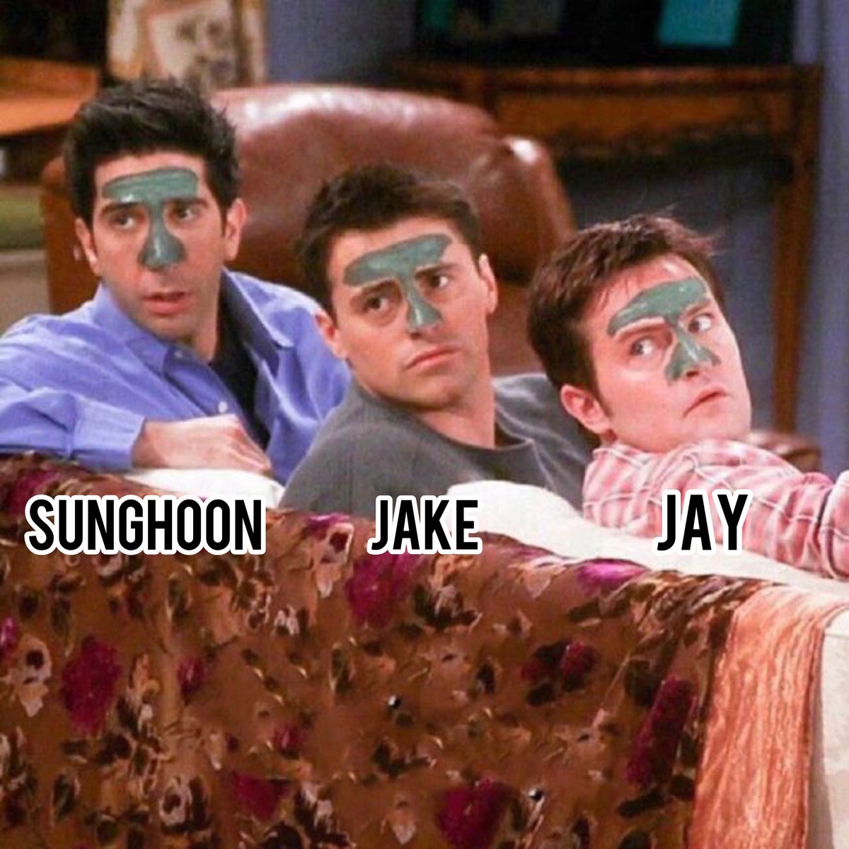 Charlot02655183's tweet photo. Q: you’ve been watching “Friends” recently, right? if you had to pick a Friends character for each member, who would you choose? 

🐈: Jay hyung is Chandler, Jake hyung is Joey, and Sunghoon hyung is Ross.
(TMI: Jungwon’s favorite character is Ross cause he’s really so funny)

cr: 青白鱼尾
#JUNGWON #JAY #JAKE #SUNGHOON