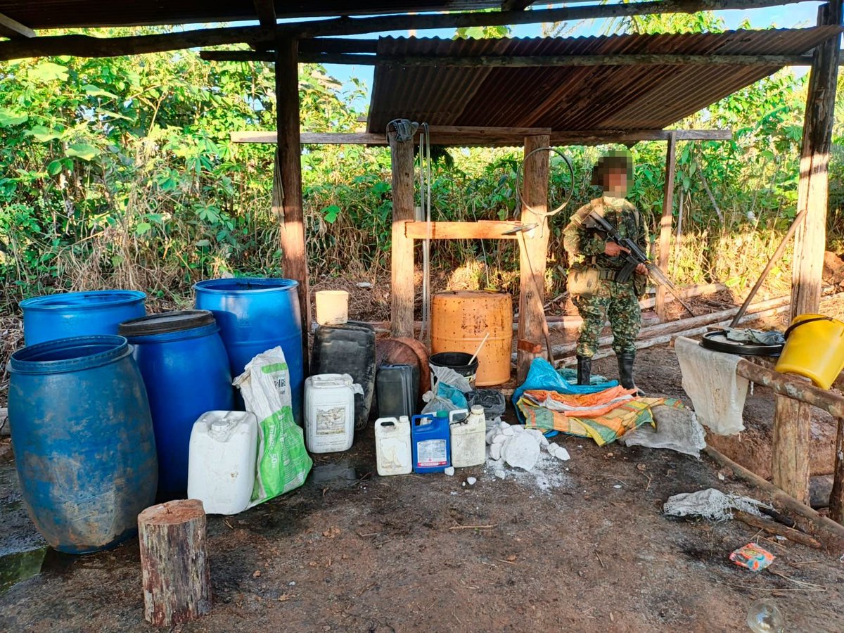 COL_EJERCITO's tweet photo. #EsNoticia | Ubicado y destruido un laboratorio para el procesamiento de pasta base de coca y un semillero con aproximadamente 3.200 plantas de hoja de coca en zona rural de San José del Guaviare.

La operación, desarrollada por tropas de la Fuerza de Despliegue Rápido N.° 10 de @Ejercito_Div4, en coordinación con inteligencia militar y la Dirección de Antinarcóticos de la @PoliciaColombia, permitió afectar las economías ilícitas del Bloque Jorge Suárez Briceño, Estructura Isaías Carvajal.

En el laboratorio fueron hallados 220 galones de gasolina procesada, además de otros insumos y elementos empleados para el procesamiento de pasta base de coca.

#ContraLaAmenaza