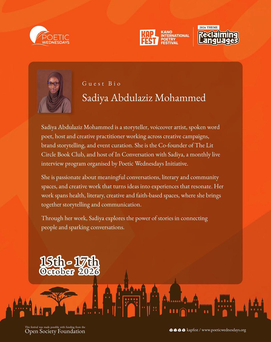 Kanopoetryfest's tweet photo. We’re happy to welcome Sadiya to the line-up of guests at #KAPFEST26

A multi-talented creative and our newly minted team member at Poetic Wednesdays Initiative, Sadiya brings her creativity, ideas and perspective to everything she does.

She’ll be joining our conversations at this year’s festival, and we’re excited to have her with us!

Don't miss out, get your tickets today: https://t.co/kB30EElI7m 

15–17 October 2026 | Kano