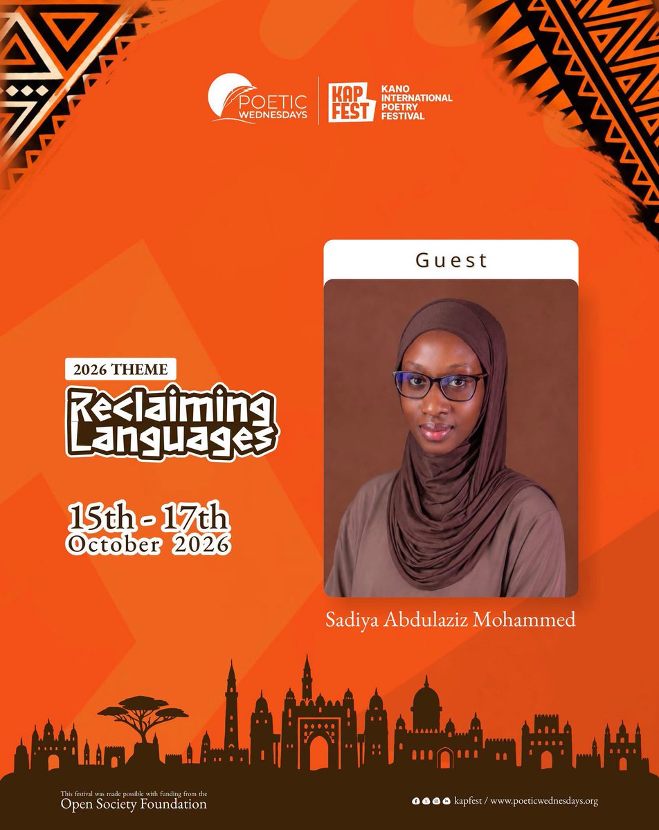 Kanopoetryfest's tweet photo. We’re happy to welcome Sadiya to the line-up of guests at #KAPFEST26

A multi-talented creative and our newly minted team member at Poetic Wednesdays Initiative, Sadiya brings her creativity, ideas and perspective to everything she does.

She’ll be joining our conversations at this year’s festival, and we’re excited to have her with us!

Don't miss out, get your tickets today: https://t.co/kB30EElI7m 

15–17 October 2026 | Kano