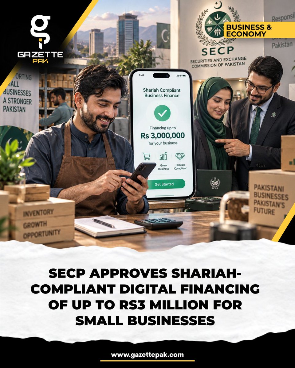 GazettePak's tweet photo. SECP has approved Shaamilkar Tajir, a digital financing app for small businesses in Pakistan. Eligible businesses can get Shariah-compliant financing of up to Rs3 million to buy business goods from approved suppliers. https://t.co/6oxlCyq7fC