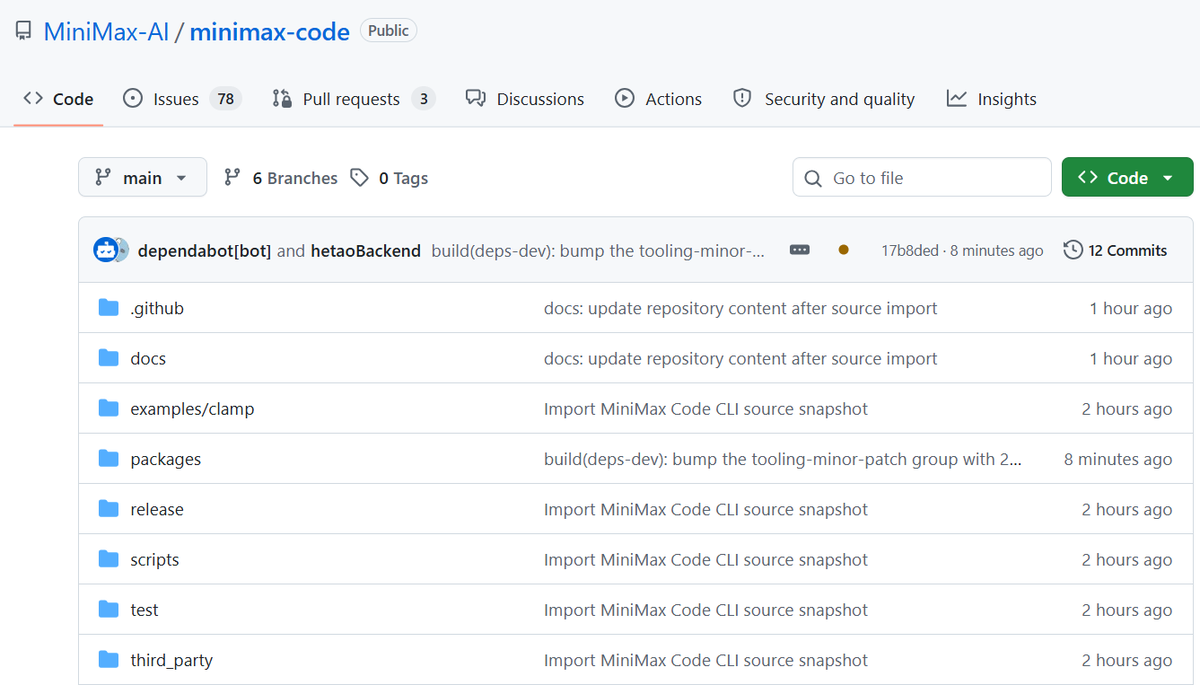 MiniMax Code repository screenshot showing its open-source terminal agent, documentation, and source preview positioning