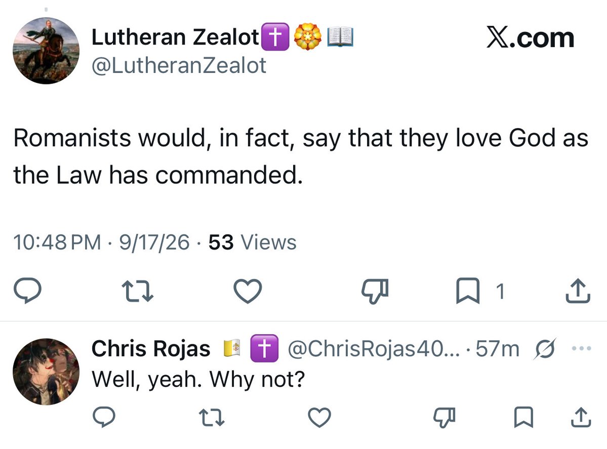 logos_asarkos's tweet photo. Why not? Because:

“All Scripture, all the Church cries out that the Law cannot be satisfied. Therefore this inchoate fulfilment of the Law does not please on its own account, but on account of faith in Christ. Otherwise the Law always accuses us. For who loves or fears God sufficiently? Who with sufficient patience bears the afflictions imposed by God? Who does not frequently doubt whether human affairs are ruled by God’s counsel or by chance? Who does not frequently doubt whether he be heard by God? Who is not frequently enraged because the wicked enjoy a better lot than the pious, because the pious are oppressed by the wicked? Who does satisfaction to his own calling? Who loves his neighbor as himself? Who is not tempted by lust? Accordingly, Paul says, Rom. 7:19: ‘The good that I would I do not; but the evil which I would not, that I do.’ Likewise 7:25: ‘With the mind I myself serve the Law of God, but with the flesh, the law of sin.’ Here he openly declares that he serves the law of sin. And David says, Ps. 143:2: ‘Enter not into judgment with Thy servant; for in Thy sight shall no man living be justified.’”

— Apology of the Augsburg Confession (IV, 166–168)