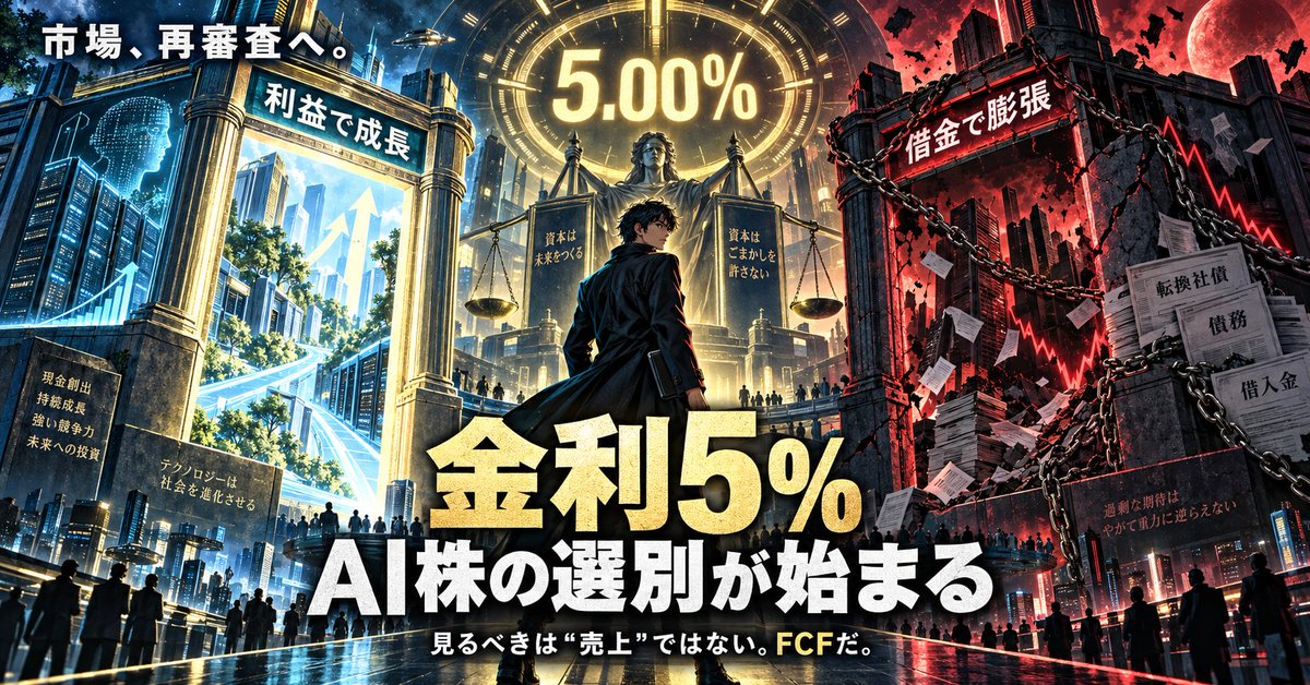 328351km's tweet photo. 【金利5％、AI株の“選別”が始まる】

金利が高くなると、借金に頼る企業ほど苦しくなります。

でも、これは「AI株を全部売れ」という話ではありません。

見るべきはこの3つ👇

✅ 売上よりもFCF（自由に使える現金）
✅ 借金ではなく利益で投資できているか
✅ AI投資が実際の利益につながっているか

投資初心者は、新NISAの積立を無理のない範囲で継続。急騰するAI株を慌てて追わないこと。

金利5％は、暴落のスイッチではない。
“本物の成長企業”を選ぶための選別スイッチです。

#米国株 #AI株 #投資初心者 #積立NISA