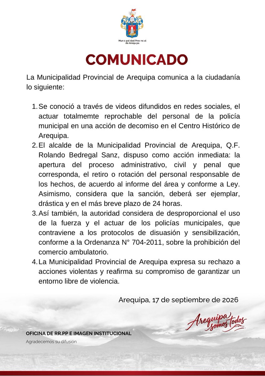 y_polemica's tweet photo. 🔵 #Arequipa COMUNICADO DE LA MUNICIPALIDAD PROVINCIAL

Sobre decomisos en el centro históricos a comerciantes por parte de la policía municipal https://t.co/ZuJIQB0AnT