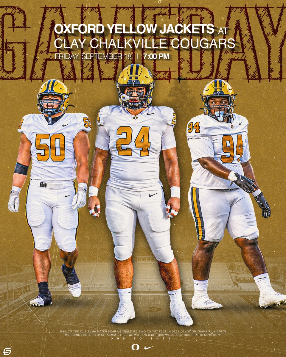 OldGoldFB's tweet photo. GAMEDAY!
at Clay Chalkville // 7:00 pm // Pinson, AL
#GoBigO https://t.co/1Q0nByVEb0
