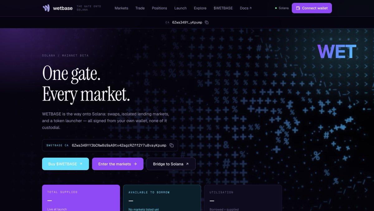 wetbasefam's tweet photo. The interface is designed to consolidate market discovery, onchain liquidity data, transaction construction, wallet authorization, and settlement into a single workflow.

Transactions remain non custodial throughout the process:
Market Data → Route → Build Transaction → Wallet Signature → Onchain Execution

Wetbase coordinates the interface and transaction flow. The user retains custody and signs from their own wallet, while final execution and settlement occur on Solana.