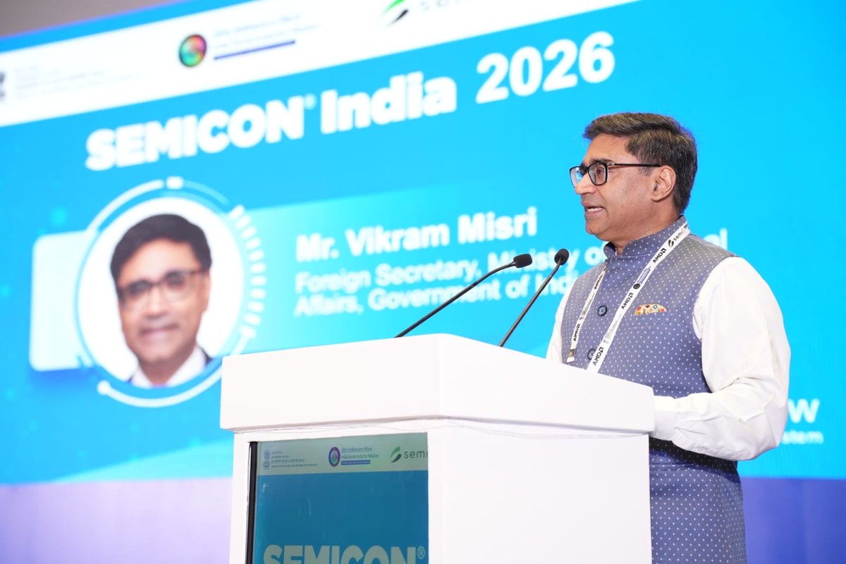 VikramMisri's tweet photo. Spoke at Semicon India 2026 today about India’s embrace of global partnerships in the semiconductor and high technology domain in alignment with its pursuit of Atmanirbharta.
@GoI_MeitY https://t.co/6ste5Z2JKe